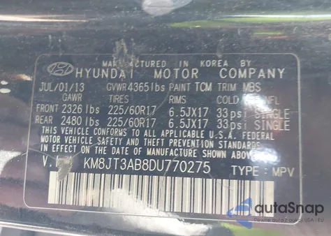 2013 Hyundai Tucson Gl из США, поврежденный, VIN KM8JT3AB8DU770275